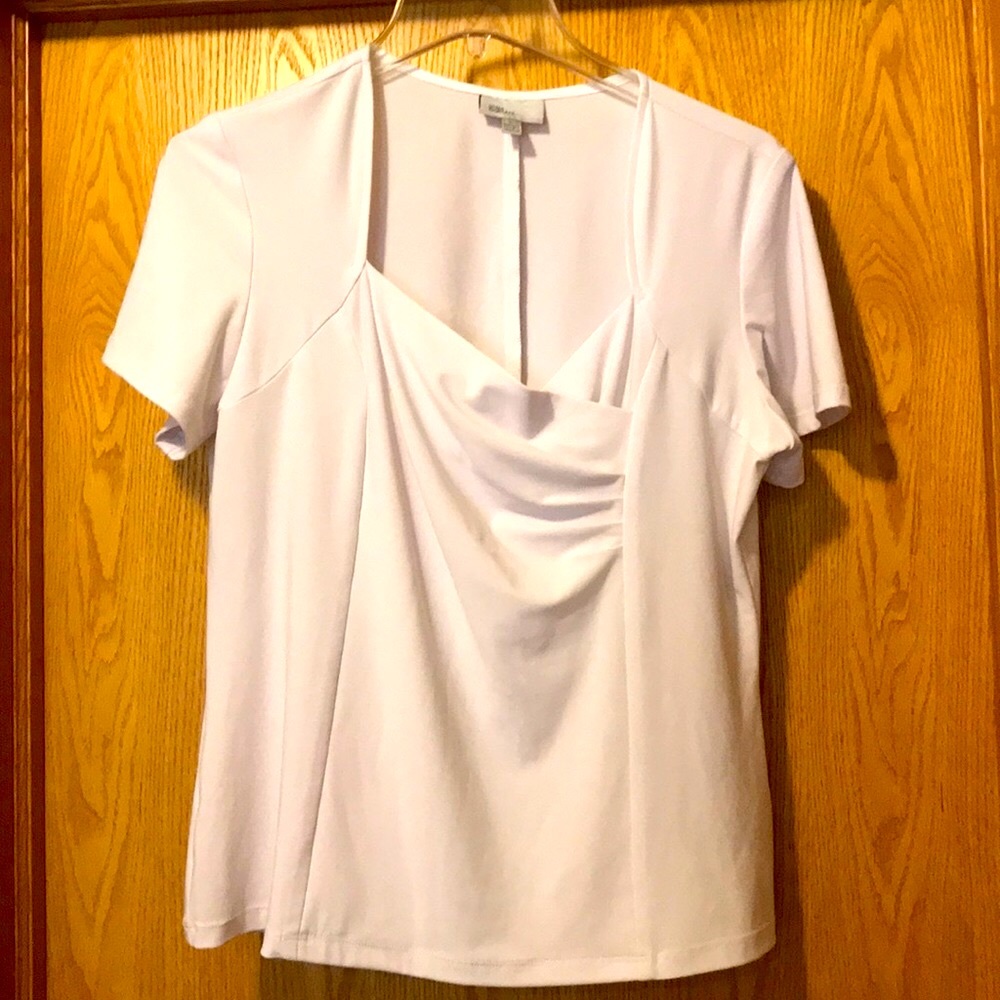 Vintage LARGE white top blouse tee ruched tunic shirt sweetheart neckline EUC